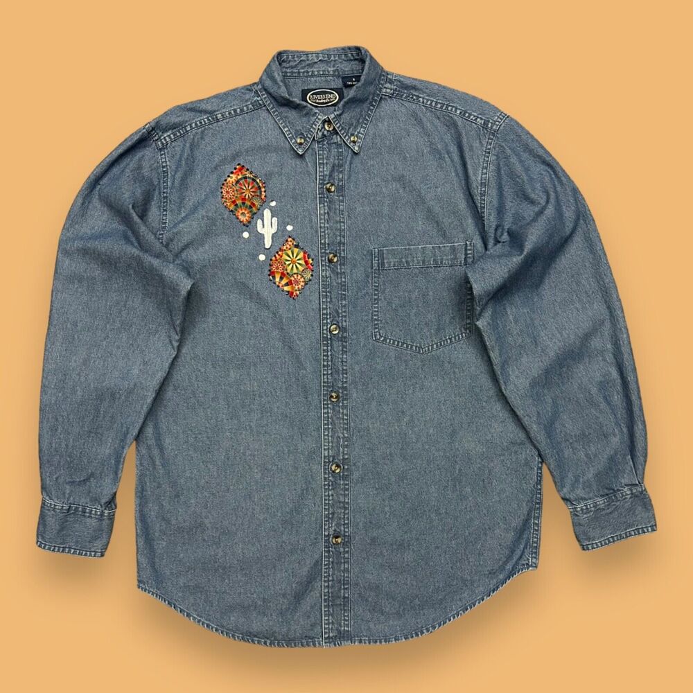 Vintage Denim Shirt y2k Handmade Art Button Up Long Sleeve Blue Womens Small